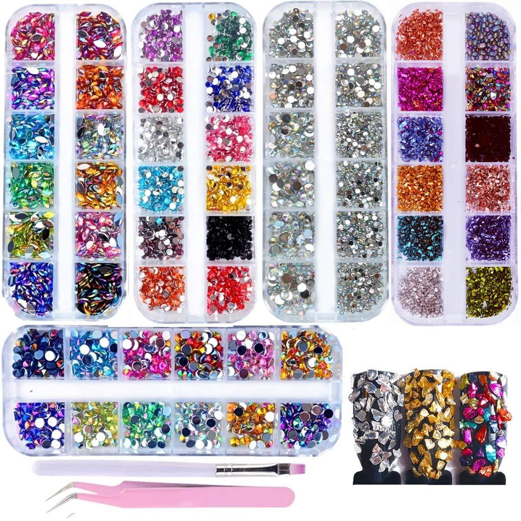 editTime 5000 Pieces (5 Boxes) Shiny Colorful Nail Art Rhinestones Nail Stone Gems Design Kit with a Curved Tweezers and a Nail Brush (multicolor) 5 boxes multicolor - BeesActive Australia