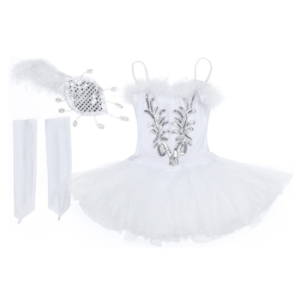 [AUSTRALIA] - inlzdz Girls Shiny Sequined Beads Costume Gymnastic Leotard Dress with Fingerless Gloves Hair Clip 3-Pieces Sets 7-8 White 
