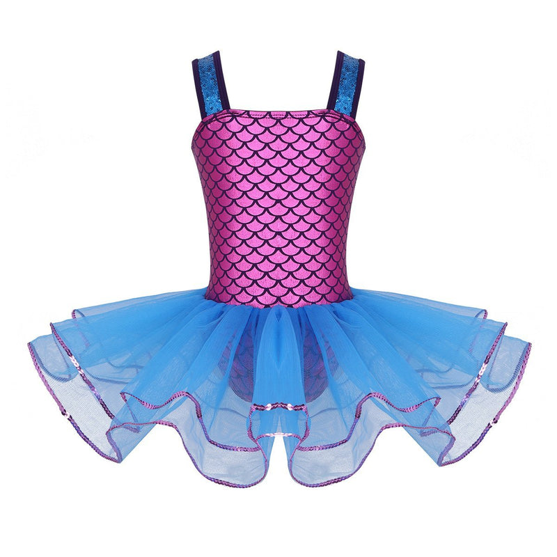 [AUSTRALIA] - inlzdz Kids Girls Ballet Dance Tutu Dress Wide Shoulder Straps Fish Scales Printed/Shiny Sequins Leotard Dancewear Blue 7 / 8 