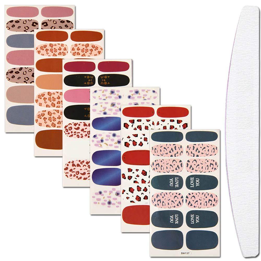 WOKOTO 6 Sheets Dotting Nail Art Polish Wraps Sticker Strips With 1Pc Nail File Leopard Print Adhesive Manicure Decal Design Kit KIT4 - BeesActive Australia