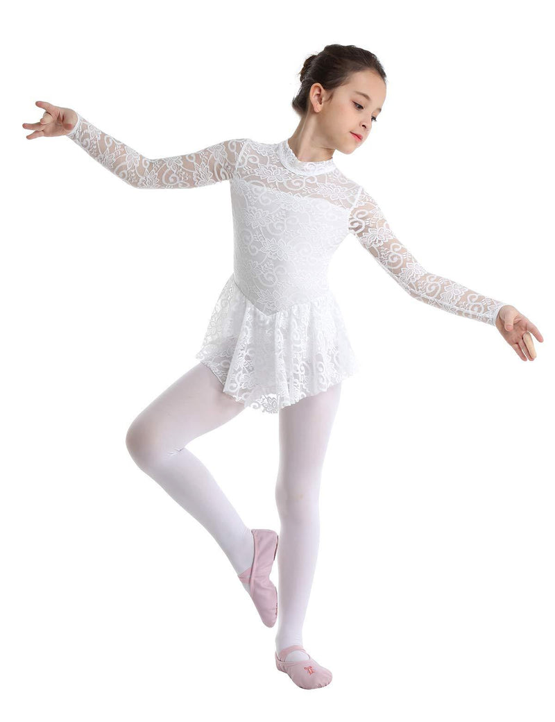 [AUSTRALIA] - iEFiEL Kids Girls Long Sleeves Ballet Dress Leotard Tutu Skirt Ballerina Camisole Dance Wear Costumes White Mock Neck Floral Lace 9 / 10 