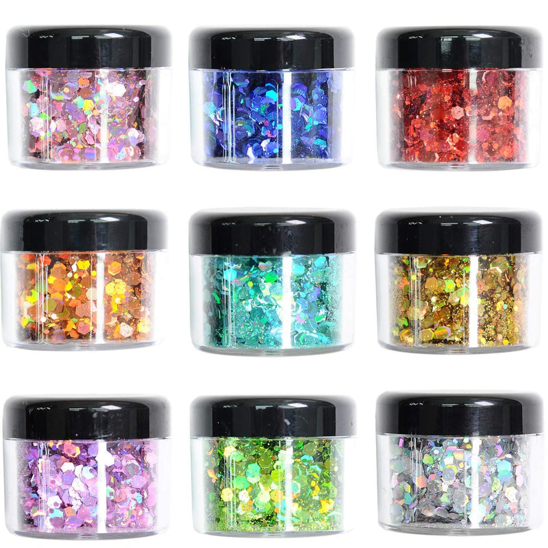 Body Glitter Wenida 9 Colors 190g Holographic Cosmetic Festival Makeup Chunky Powder for Nail Hair Eye Face 9 Bottle Color # 1 - BeesActive Australia