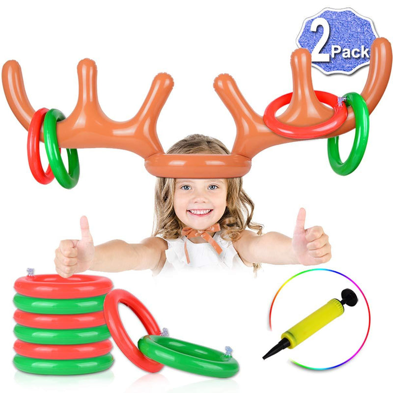 [AUSTRALIA] - 2 Set Inflatable Reindeer Antler Game, (2 Inflatable Antler, 12 Rings Reindeer Ring Toss) Inflatable Reindeer Antler Hat with Rings, Family Christmas Party Games 