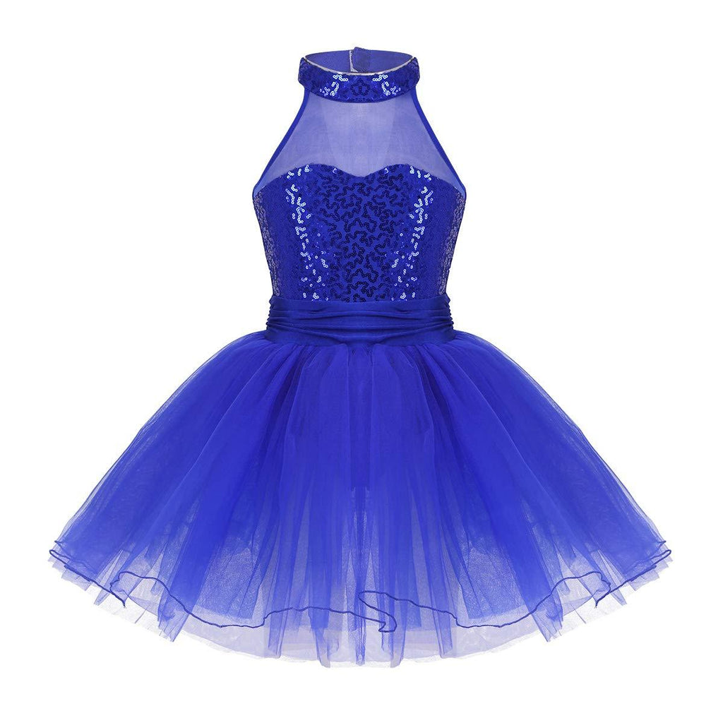 [AUSTRALIA] - inhzoy Kids' Girls Sequins Splice Mesh Halter Ballet Dance Tutu Dress Gymnastics Leotard Lyrical Ballroom Costume Blue 7 / 8 