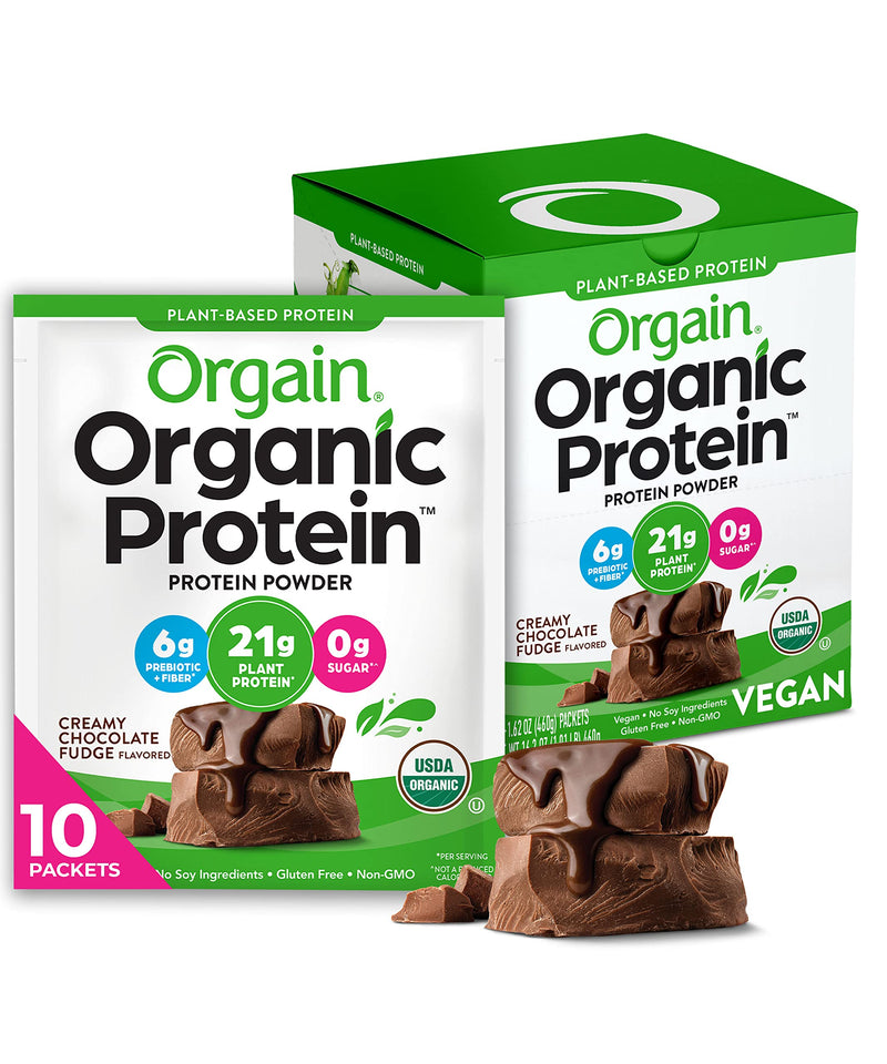 Orgain Organic Vegan Protein Powder Travel Pack, Creamy Chocolate Fudge - 21g of Plant Based Protein, 6g of Fiber, No Dairy, Gluten, Soy or Added Sugar, Non-GMO, 10 Count 10 Count Travel Pack Chocolate - BeesActive Australia