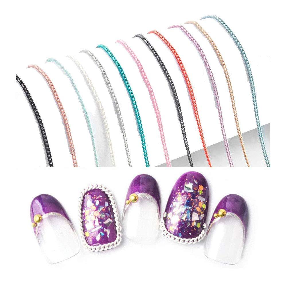 Lookathot 12pcs 3D Concise Metallic Thin Chain Nail Art Stickers Decals 50cm Line Pattern Mixed Design Colorful Nail DIY Decoration Tools - BeesActive Australia