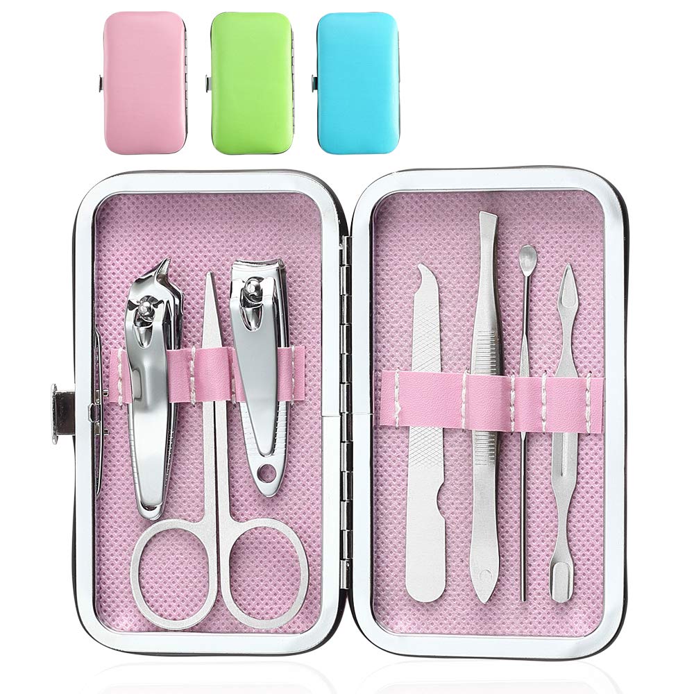 YWQ 3 Pack 7Pcs Manicure Set,Cute and Surprisingly Sturdy Stainless Steel Nail Clipper Set with case, Great Gifts Personal Pedicure Kit for Women Men Girls Travel, Pink Blue Green - BeesActive Australia