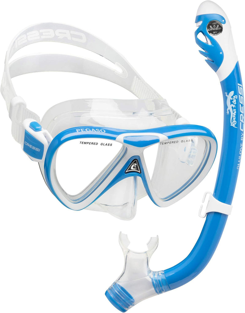 [AUSTRALIA] - Cressi Snorkeling Silicone Set (mask & Dry Snorkel) for Kids Aged 7 to 15 Year Old | Pegaso & Iguana Dry: Designed in Italy Blue/White 