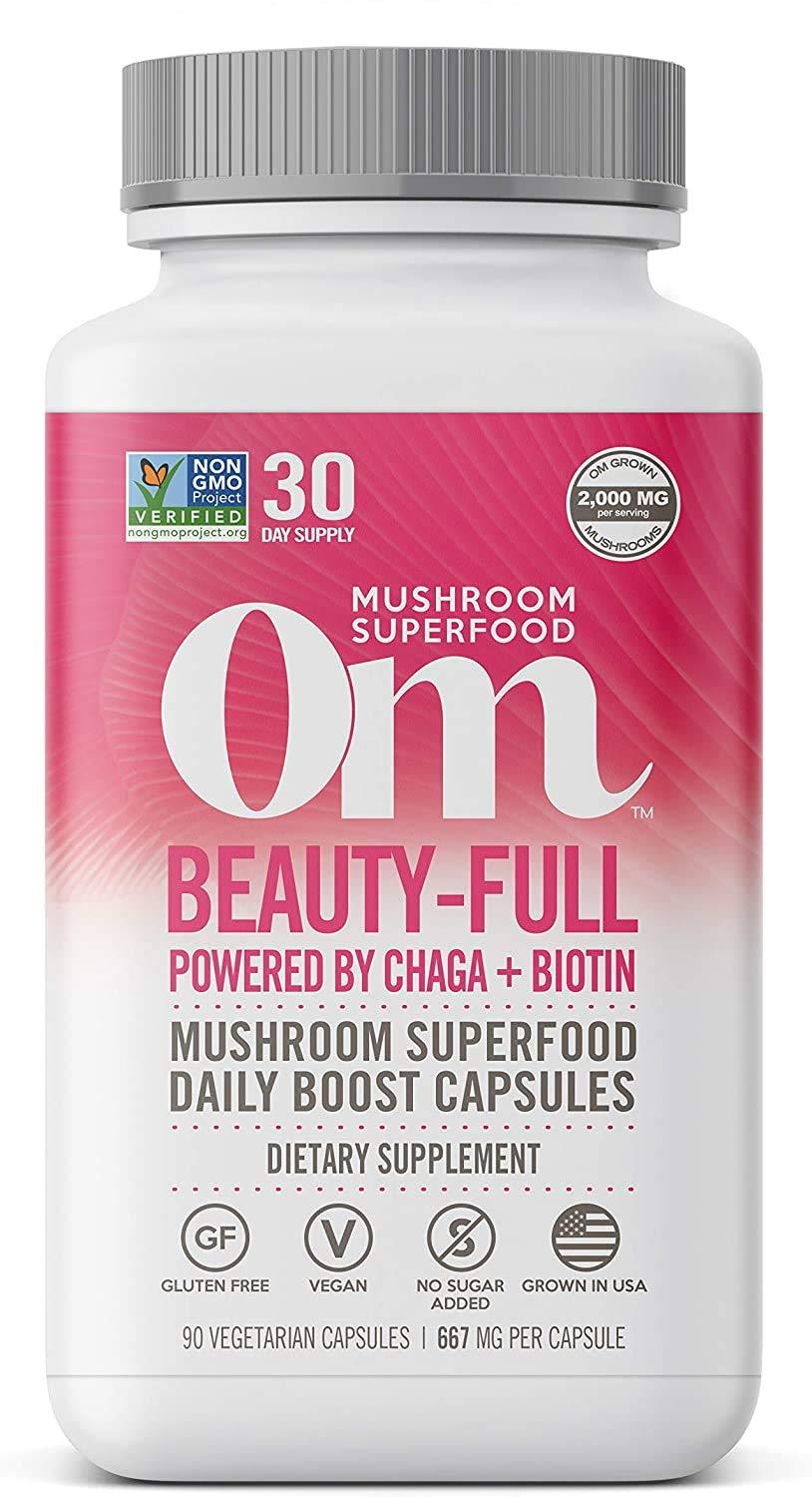 Om Beauty-Full Mushroom Capsules, Mushroom Blend Plus Biotin, with Chaga, Maitake, Hair Skin Nails Mushroom Supplement, 90 Count (30 Day Supply), Vegan - BeesActive Australia