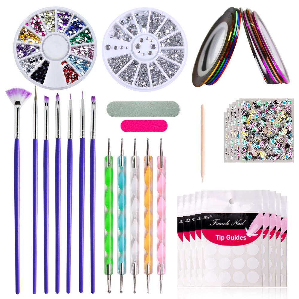 47pcs Nail Art Kit, Brushes Dotting Pens Striping Tape Line Rhinestones Tips Guides Picking Pencil File Polishing Wood Stick Flower Stickers - BeesActive Australia