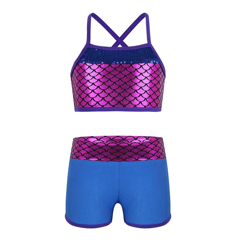 [AUSTRALIA] - iiniim Kids Girls 2 Piece Dance Sports Outfit Top with Shorts Set for Gymnastics Leotard Dancewear Swimwear Activewear Mermaid Scales Blue 7 / 8 