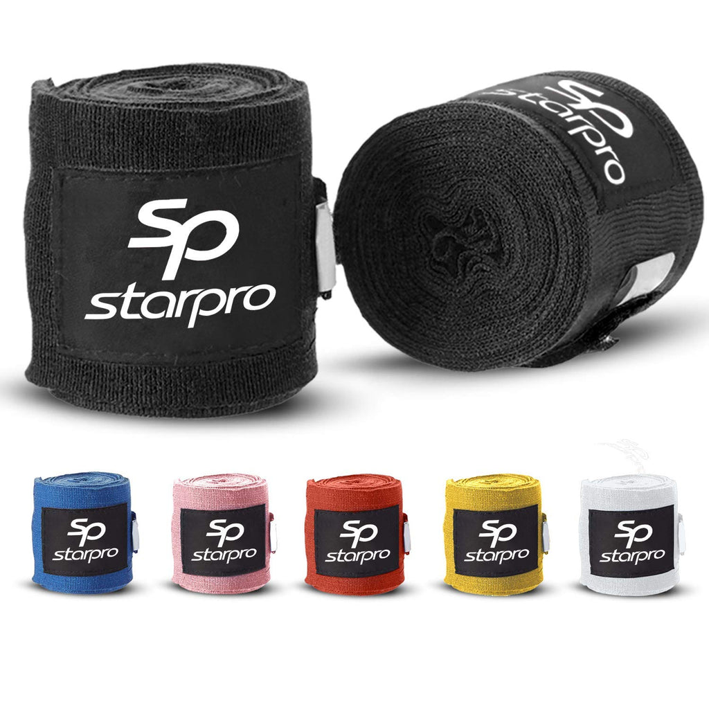 [AUSTRALIA] - Starpro Boxing Hand Wraps Bandages - MMA Muay Thai Sparring Kickboxing Fighting Training Martial Arts Gym Exercise Krav Maga Combat | Inner Gloves Mitts Fist Protector Thumb Loop | 2.55 3.5 4.5 Meters SP Black (4.5m) 180 inches 