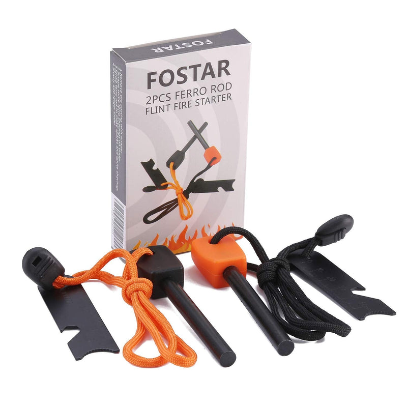 FOSTAR Ferrocerium Alloy Rod Fire Starter, 5/16 Inch Thick Waterproof Fire Steel, Bushcraft Ferro Rod with Easy Grip Handle, Multi-Tool Striker and Paracord Lanyard ( 2PCS, Black and Orange) - BeesActive Australia