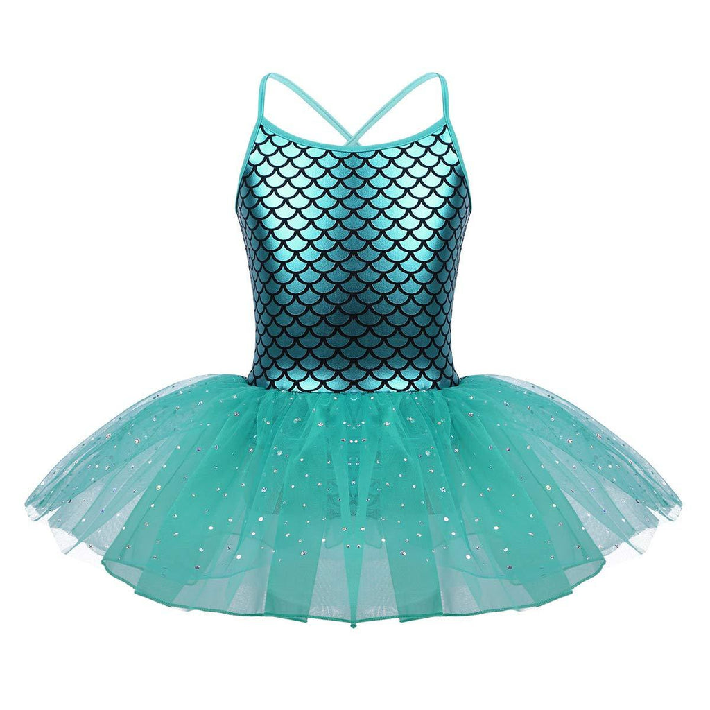 [AUSTRALIA] - inlzdz Kids Girls Ballet Dance Gymnastic Leotard Tutu Dress Spaghetti Shoulder Straps Fish Scales Sequins Dancewear Lake_blue 5 