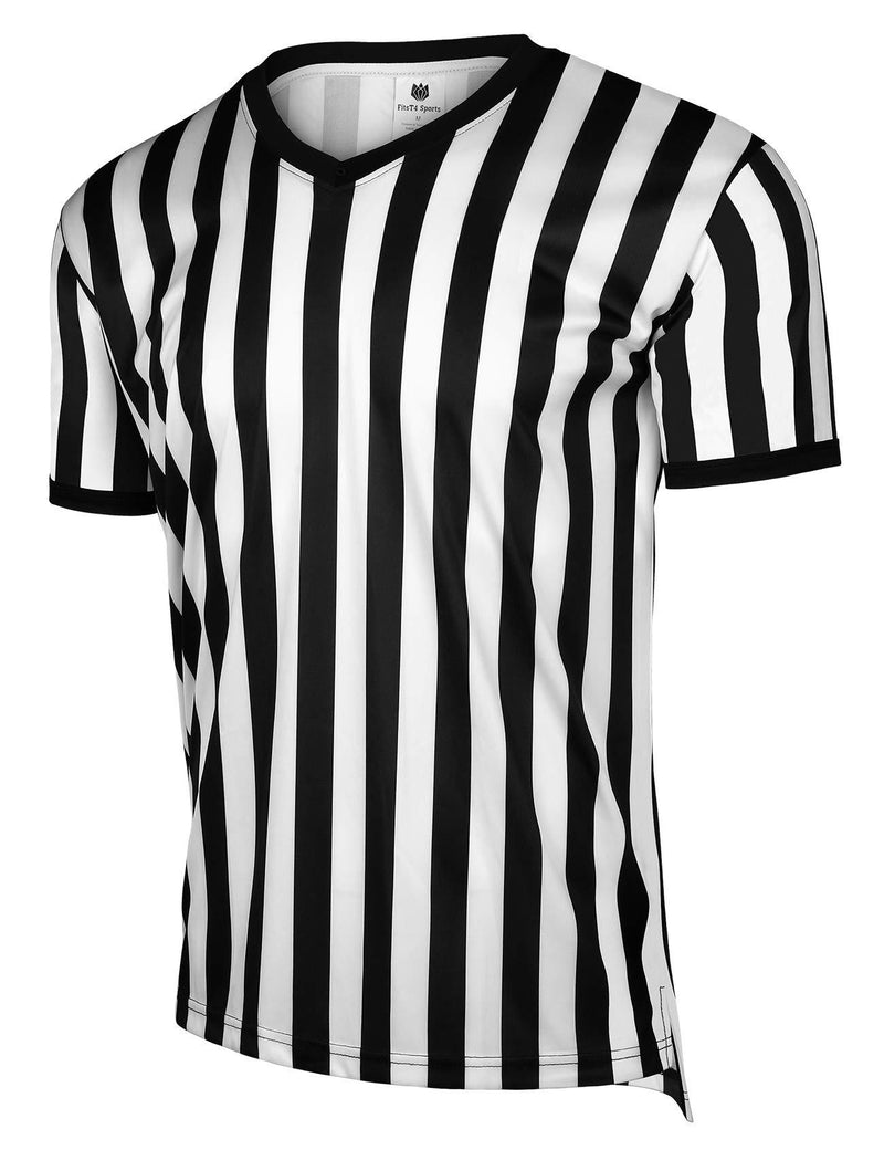 FitsT4 Men's Official Black & White Stripe Referee Shirt/Zipper Umpire Jerseys/Pro Ref Uniform for Soccer, Basketball & Football Black/White Stripe-V Neck Small - BeesActive Australia
