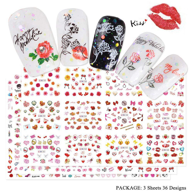 Lookathot 3Sheets/36Styles Valentine's Nail Art Stickers Decals Love Heart Rose Lipstick Red Lips High Heels Design Pattern Water Sky Star Foil Paper Printing Transfer DIY Decoration Tools Accessories - BeesActive Australia