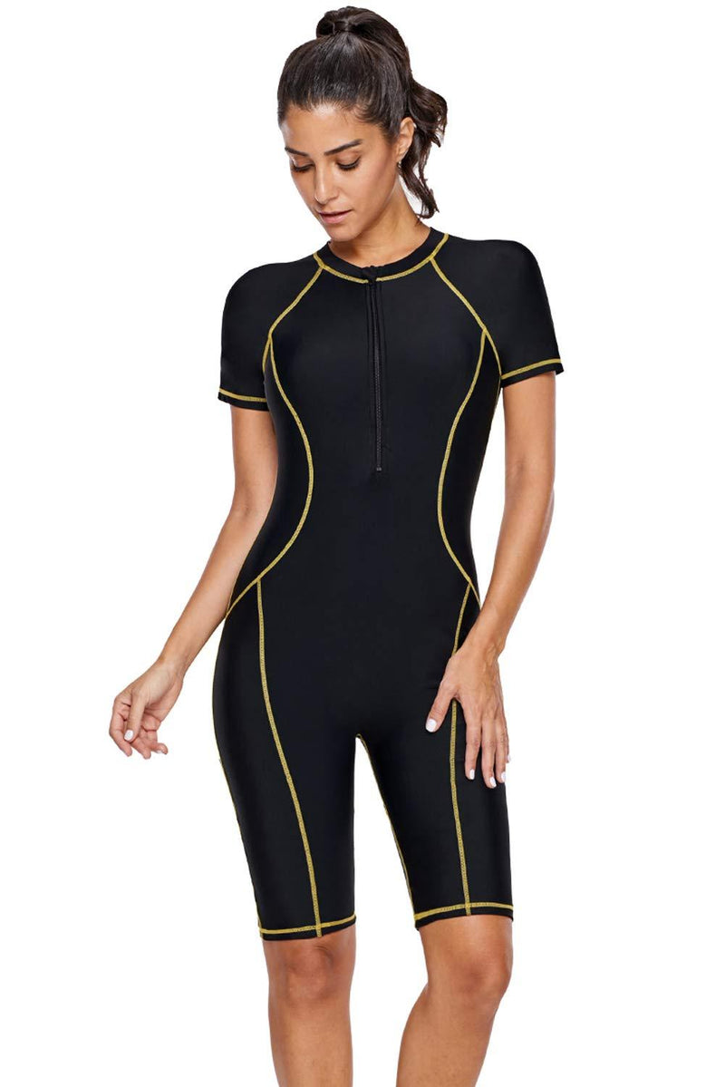 [AUSTRALIA] - SailBee Women's One Piece Short Sleeves Contoured Zip Front Wetsuit Swimsuit Large (US 12-14) Yellow Seam 