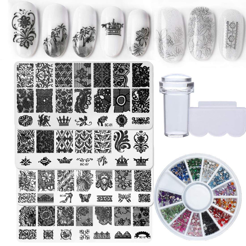 Nail Stamper Kit 4pcs Nail Art Stamping Plates Flower Leaves Image Template with Clear Stamper and Scraper Decoration Rhinestones for Nails Manicure DIY Design - BeesActive Australia