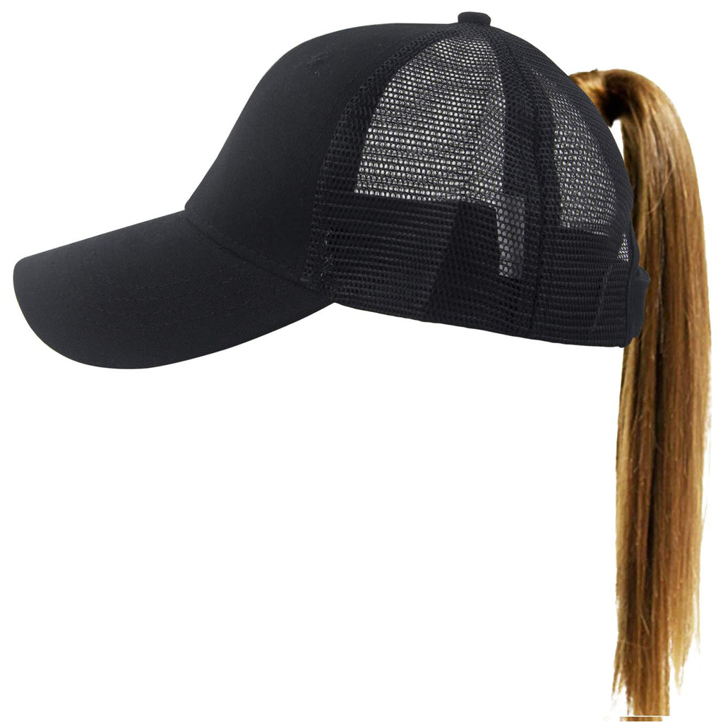 Muryobao Women's Ponytail Baseball Cap Messy High Bun Adjustable Plain Trucker Dad Hat Mesh-black One Size - BeesActive Australia