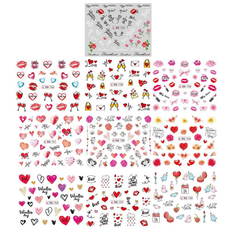 Lurrose 10 Sheets Love Nail Sticker Valentine's Day Set Nail Art Sticker DIY Manicure Nail Decoration for Women Girls (Type B) - BeesActive Australia