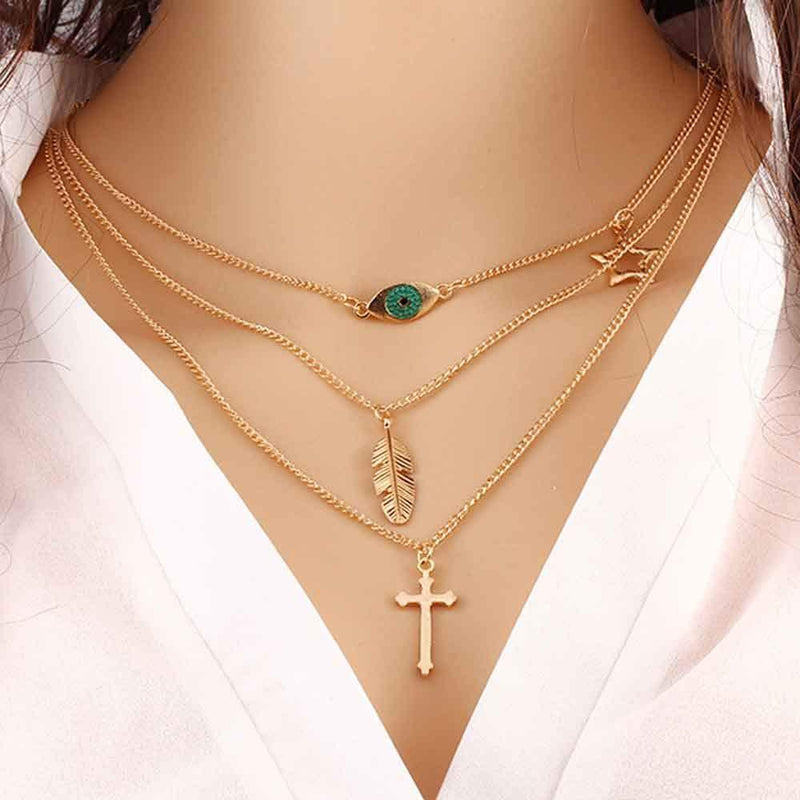Jovono Fashion Multilayered Necklaces Cross Leaf Eye Pendant for Women and Girls(Gold) - BeesActive Australia