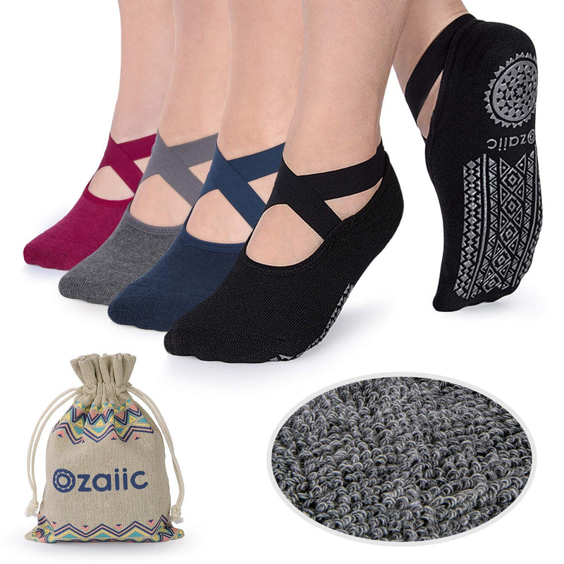 Ozaiic Non Slip Socks for Yoga Pilates Barre Fitness Hospital Socks for Women 4 Pairs - Black/Navy/D.gray/ Burgundy - BeesActive Australia