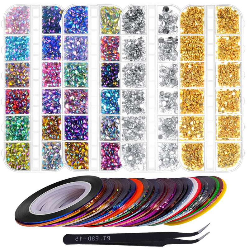 Anezus 7100 Pcs Nail Art Rhinestones Nail Gems Kit with 30 Assorted Colors Nail Art Striping Tape and Pickup Tools for Nail Art Supplies Accessories - BeesActive Australia