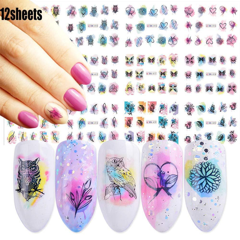 Macute Nail Water Stickers for Women Watercolor Nail Decals 12 Sheets Nail Art Stickers Owl Butterfly Leaf Feather Water Transfer Papers for Female Fingernails & Toenails Decoration Nail Accessories - BeesActive Australia