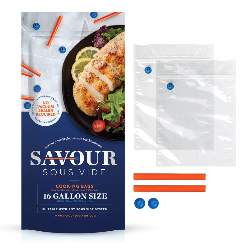 [AUSTRALIA] - Savour Sous Vide Cooking Bags (16 Count Gallon Size), Reusable, Fast & Simple, Leak Proof, No Vacuum Sealer Required, No BPA/BPS 