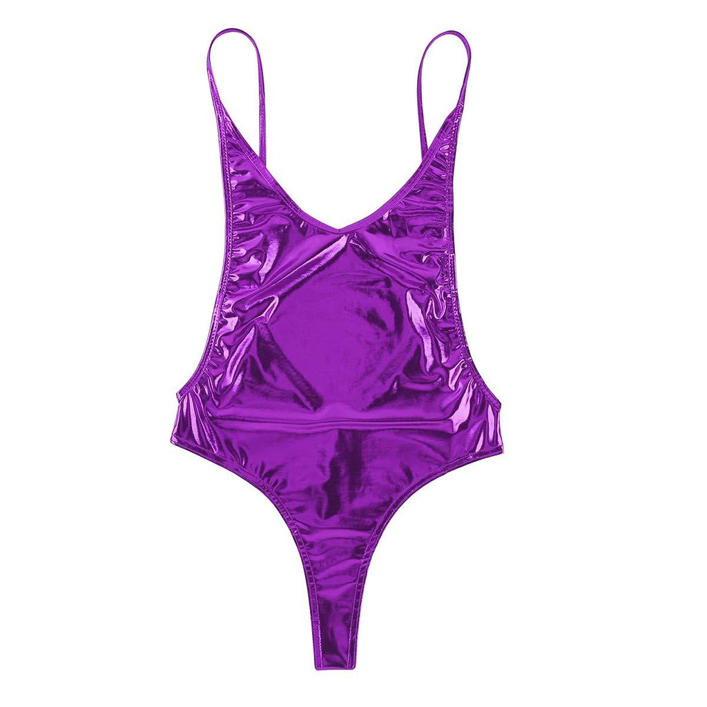 [AUSTRALIA] - YiZYiF Womens Sexy Backless Shiny Metallic Spandex Leotard Thong Bodycon Bodysuit Swimsuit Purple 