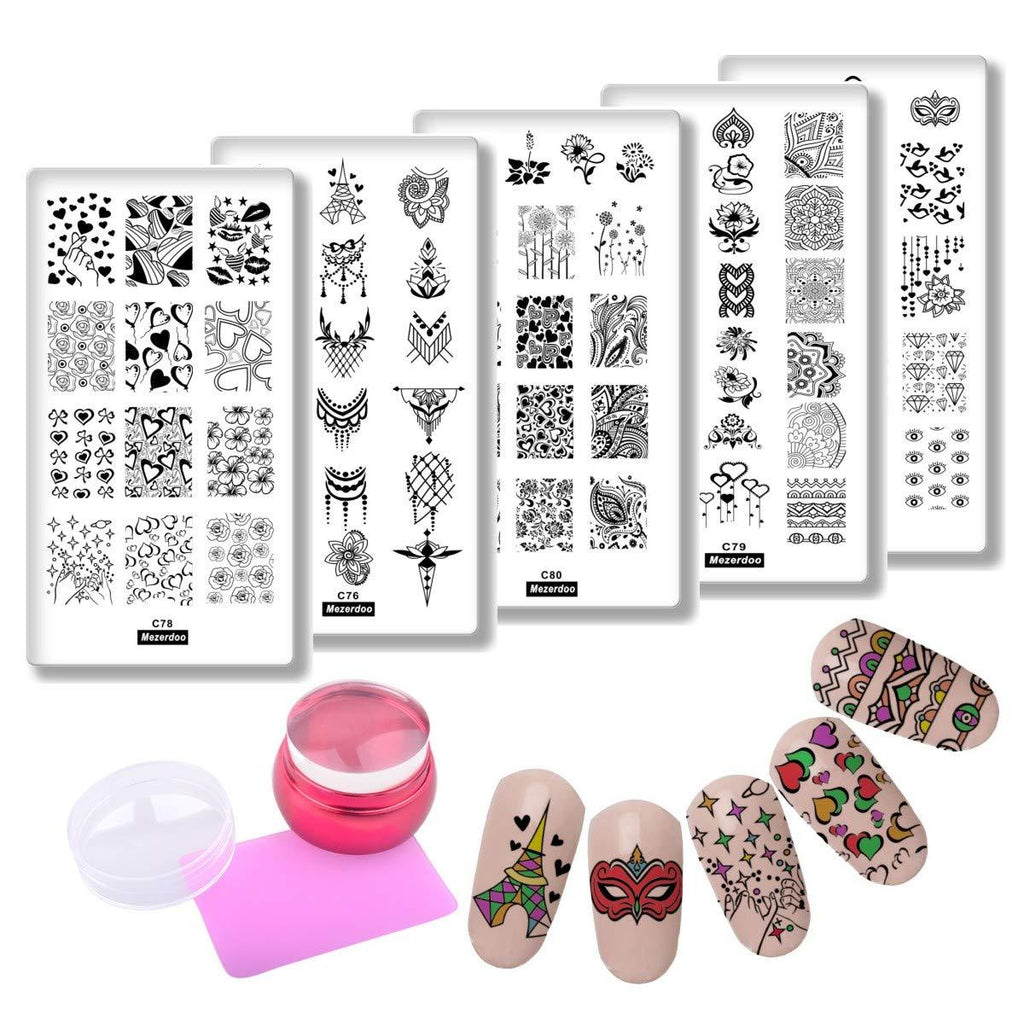 5pcs Mask Iron Tower Heart Nail Art Image Template Flower Geometry Love Valentine's Day Rectangle Nail Art Stamping Plates + 1 Chess Silicone Nail Stamper Scraper Set - BeesActive Australia