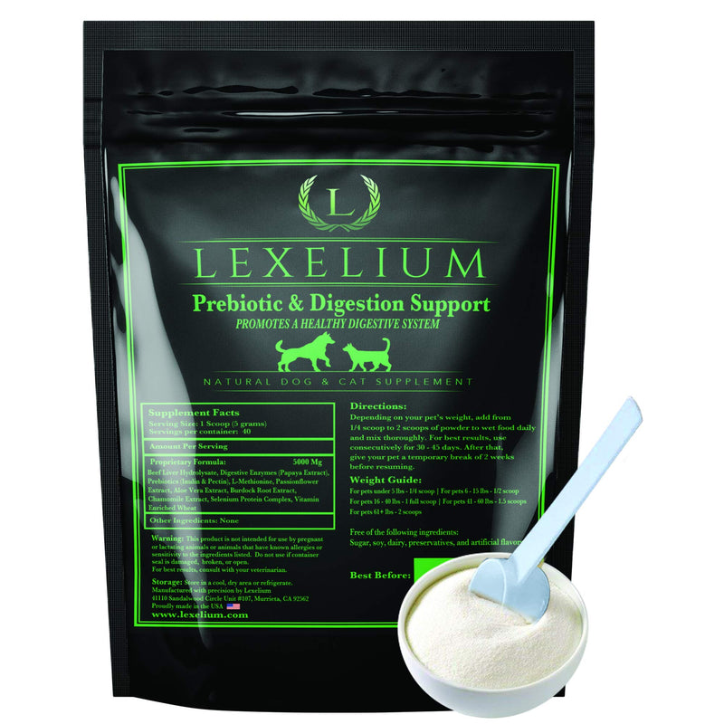 Lexelium Cat & Dog Prebiotic Digestion Supplement - Helps with Sensitive Stomach & Chronic Diarrhea – Contains Valuable Digestive Enzymes, Fiber & Prebiotics - 200g - BeesActive Australia