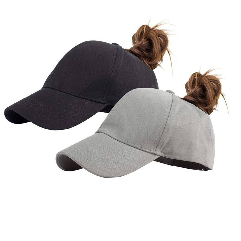 Eohak Cotton Ponytail Hats Baseball for Women Adjustable Solid Color Black+grey - BeesActive Australia