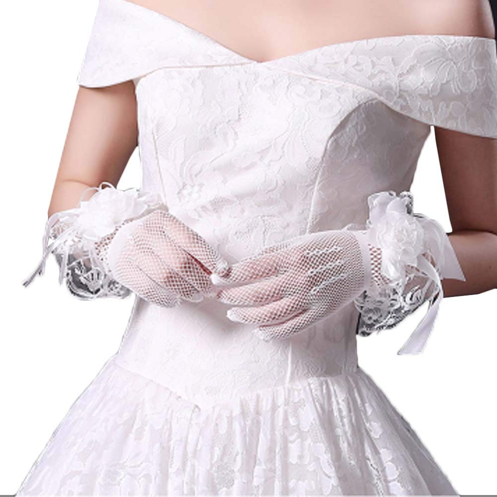 Wedding Accessories Gloves Thin Bridal Wedding Gloves Party Dress Lace Flower Short Gloves(White) - BeesActive Australia