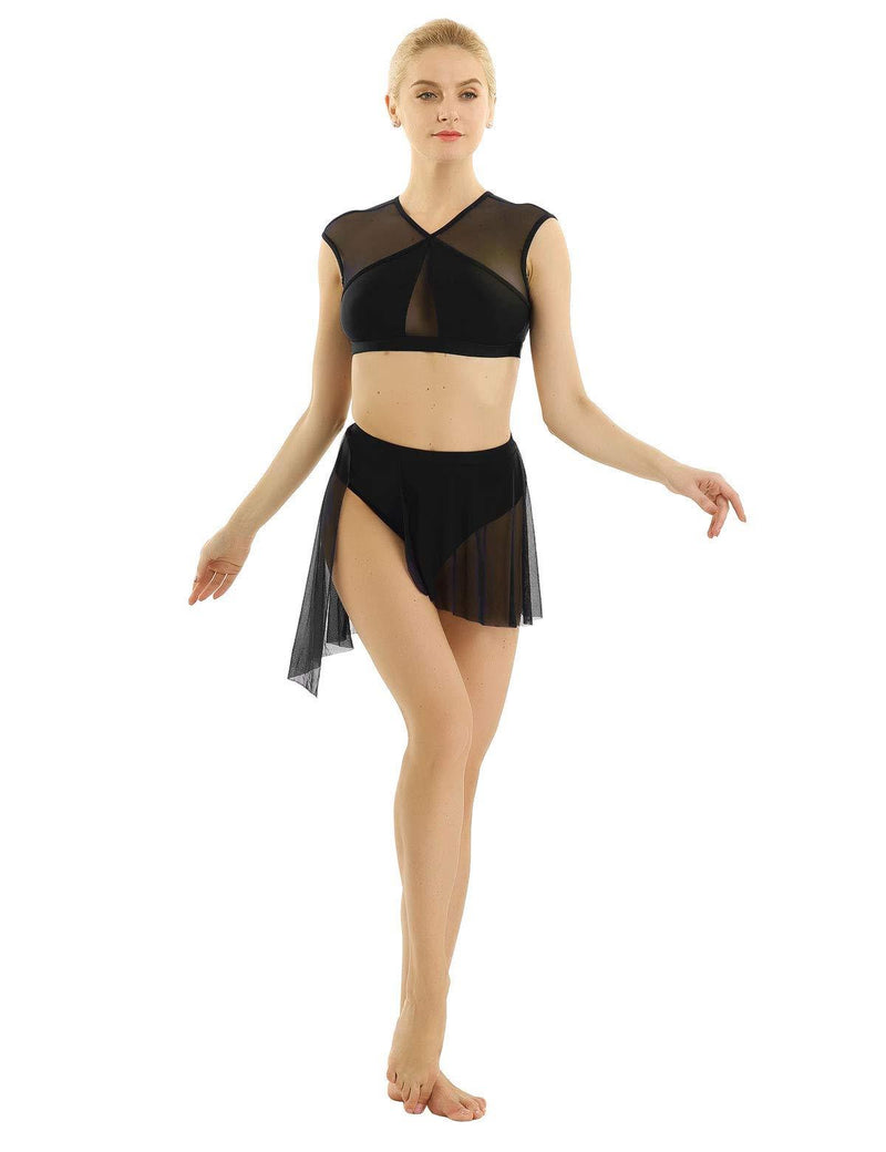 [AUSTRALIA] - inhzoy Women's 2 Pcs Sheer Mesh Asymmetrical Contemporary Dancewear Crop Tops with Short Skirt Set Black Small 