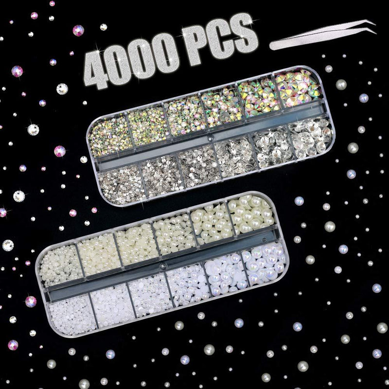 4000 PCS Rhinestones & Pearls for Nail, Flatback Crystal AB Rhinestones and Illusive Pearls in 2 3 4 5 6 mm with Pick Up Tweezer for Girls DIY Craft Face Clothes Shoes Bags Phone Case Arts - BeesActive Australia