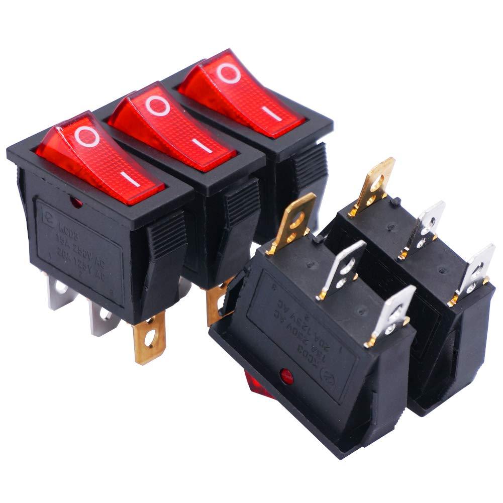 [AUSTRALIA] - Twidec/5Pcs AC 20A/125V 15A/250V SPST 3 Pins 2 Position ON/Off Red LED Light Illuminated Boat Rocker Switch Toggle（Quality Assurance for 1 Years）KCD3-101N-R 