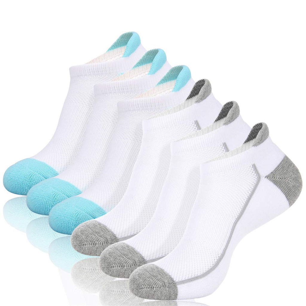 Heatuff Womens Low Cut Ankle Athletic Socks Cushioned Running Performance Breathable Tab Sock 6 Pack White + Grey 3, White + Blue 3 - BeesActive Australia