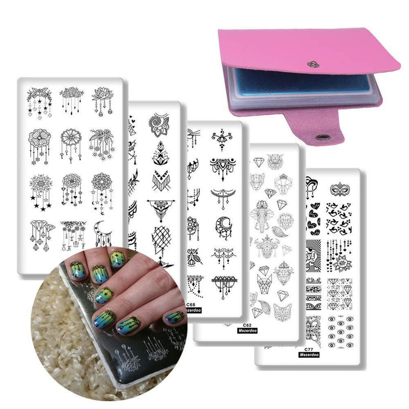 Nail Plates Stamping Set Kit Image Templates Love Tower Charm animal head Design 5pcs Nail Plates + 1pcs Pink 20-slots Plate Holder - BeesActive Australia