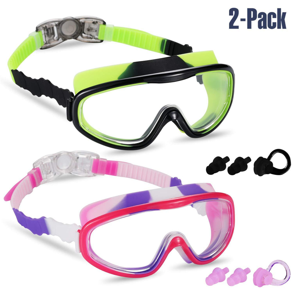 [AUSTRALIA] - Yizerel 2 Pack Kids Swim Goggles, Swimming Glasses for Children and Early Teens from 3 to 15 Years Old, Wide Vision, Anti-Fog, Waterproof, UV Protection Green/Black & Pink/Purple/White 