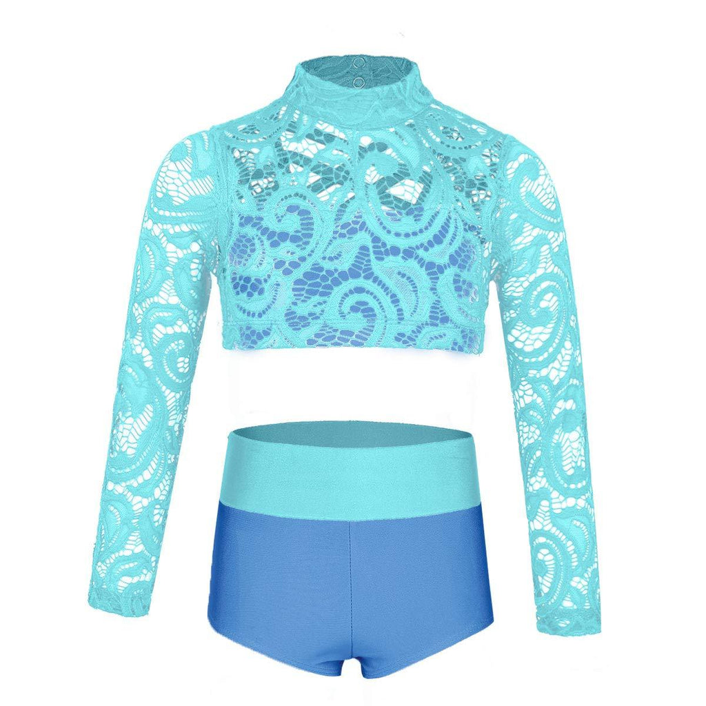 [AUSTRALIA] - ranrann Kids Girls Long Sleeves Lace Ballet Dance Outfit Criss Cross Back Mock Neck Tops with Bottoms Set Mint_green&light_blu 7-8 