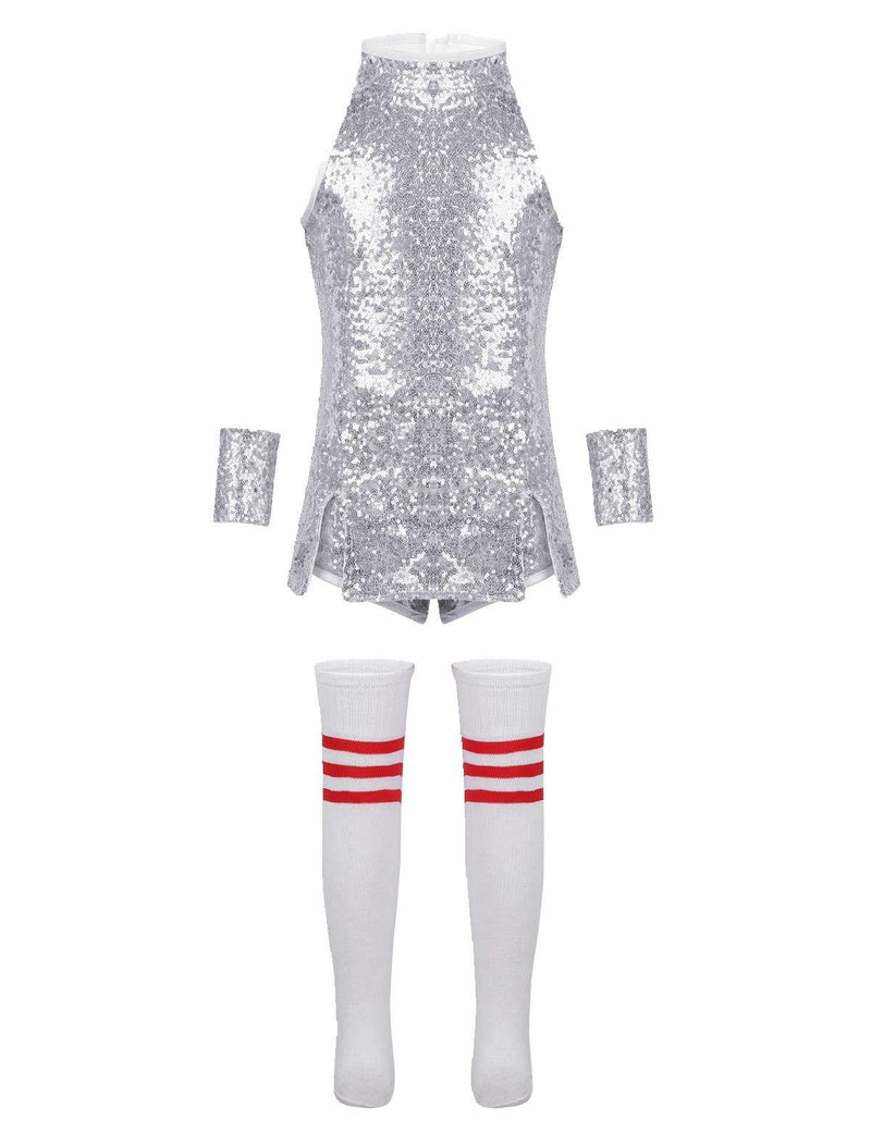 [AUSTRALIA] - TiaoBug Girls School Uniform Jazz Performance Cheer Leader Costume High School Sports Football Fancy Dress Outfit Silver 10-12 