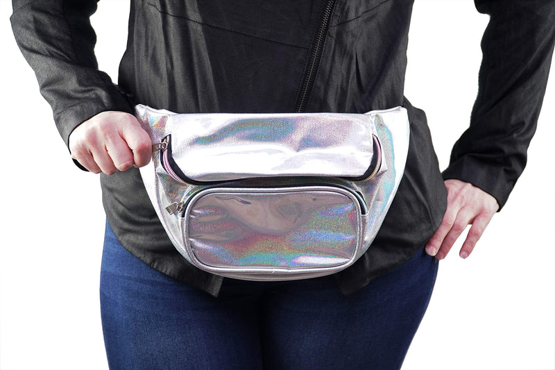 Home-X Holographic Fanny Pack-Cute Waist Bags with Adjustable Belt for Rave, Festival- Silver Sparkle Fanny Pack, Running Belt, Waterproof Bum Bag with Pockets - BeesActive Australia