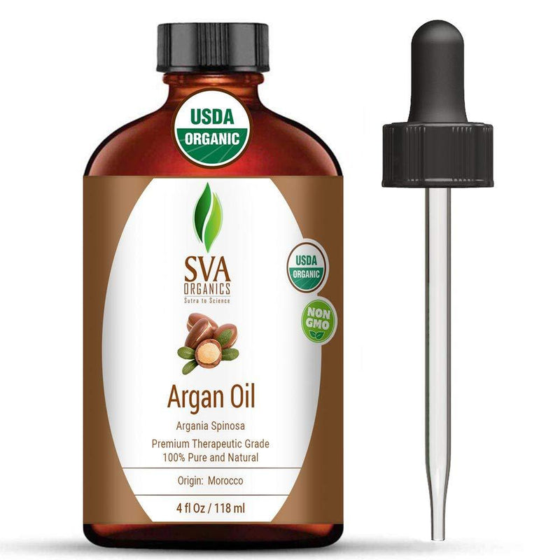 SVA Organics Argan Oil Organic Cold Pressed 4 Oz USDA 100% Pure & Natural Authentic Premium Therapeutic Grade Carrier Oil for Shiny Hair, Beard, Face, Dry Skin Care, Body Moisturizer - BeesActive Australia