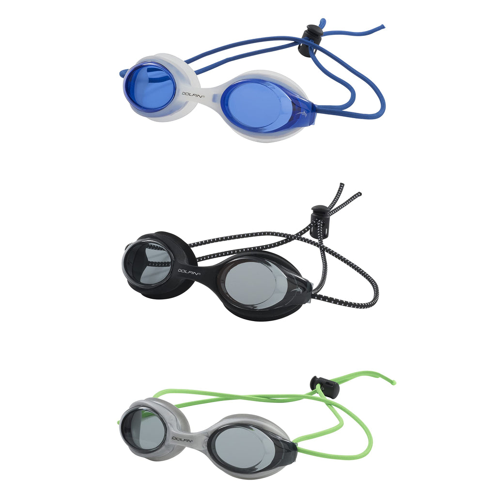 Dolfin Adult Swim Goggles - 3 Pack Bungee Racer with Anti-Fog, Anti-Leak Protection Blue/Clear, Black/Black, Silver/Green - BeesActive Australia