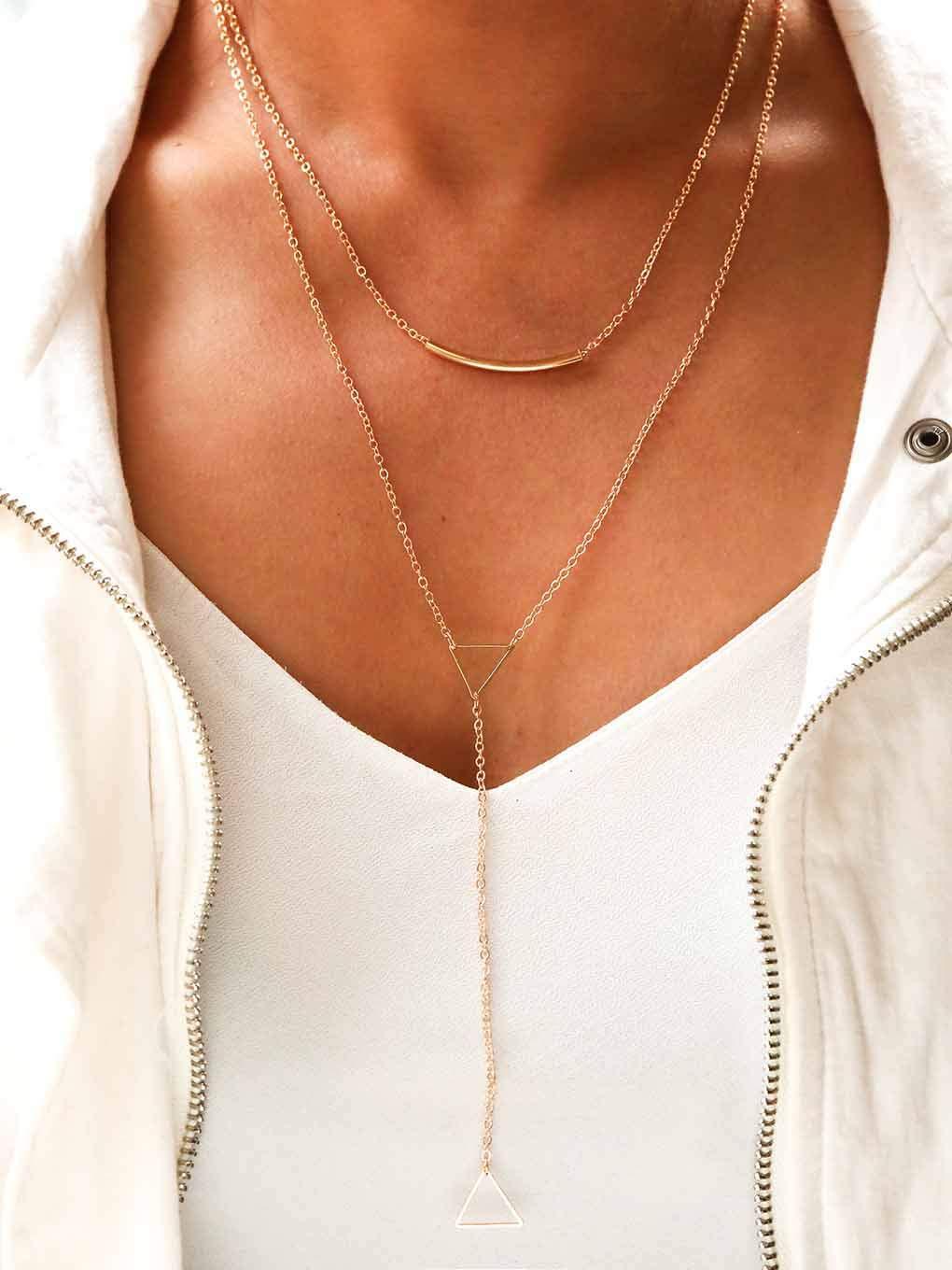 Yalice Layered Triangle Y Necklace Chain Gold Long Necklaces Tube Jewelry for Women and Girls - BeesActive Australia