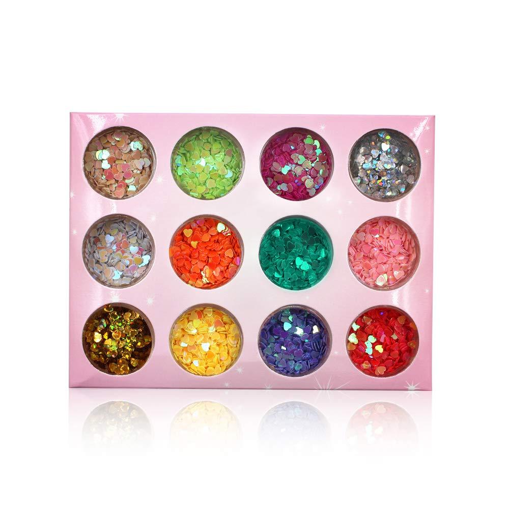 YesLady Nail Art Charms Sequin Heart Shape Glitter Slime Flakes For Nail Face Eye Slime 12 colors 12 Colors Heart Shape Sequin - BeesActive Australia