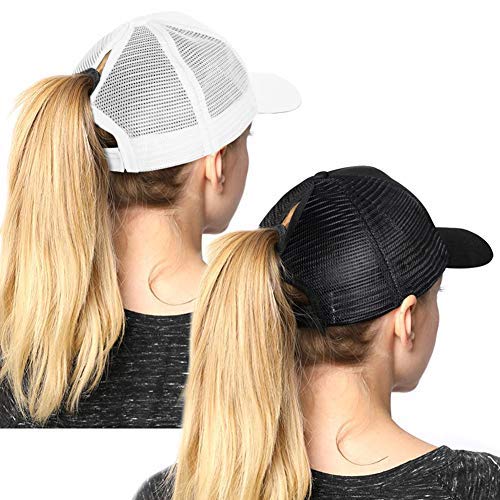 High Ponytail Hole Baseball Hats Cap for Women,Messy Bun Hat Adjustable Cotton and Mesh Trucker Baseball Sun Cap Black-white(w) - BeesActive Australia