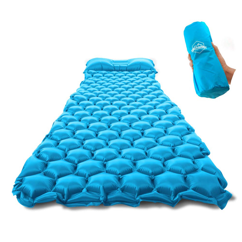 ZOOOBELIVES Ultralight Sleeping Pad with Built-in Pillow, Inflatable Camping Mattress for Backpacking, Traveling and Hiking, Compact and Portable Camp Mat Aqua Blue - BeesActive Australia