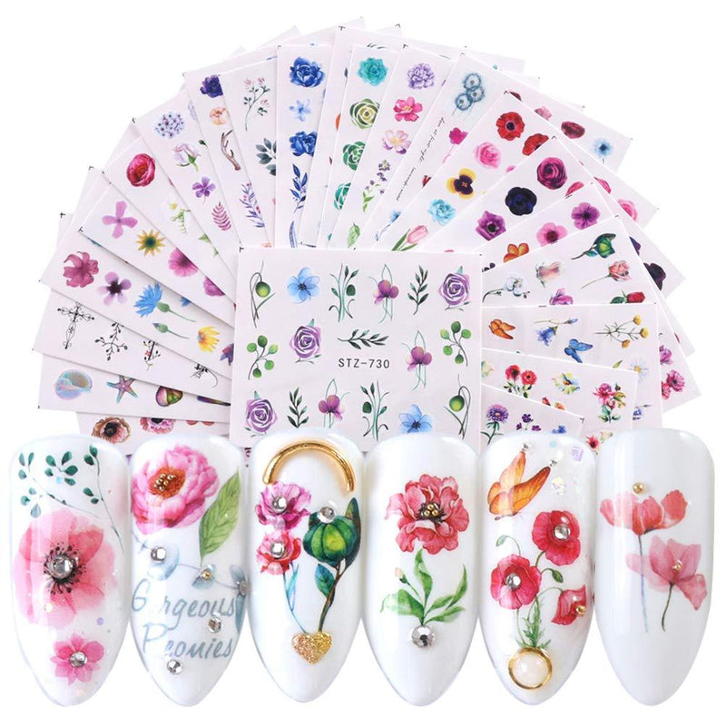 Comdoit Nail Stickers Decal Nail Art Accessories 24 Sheets Water Transfer Nail Decals for Women Leaf Cactus Flower Design for Acrylic Nails Decorations Manicure Tips Charms Sticker Nail Art Supplies - BeesActive Australia